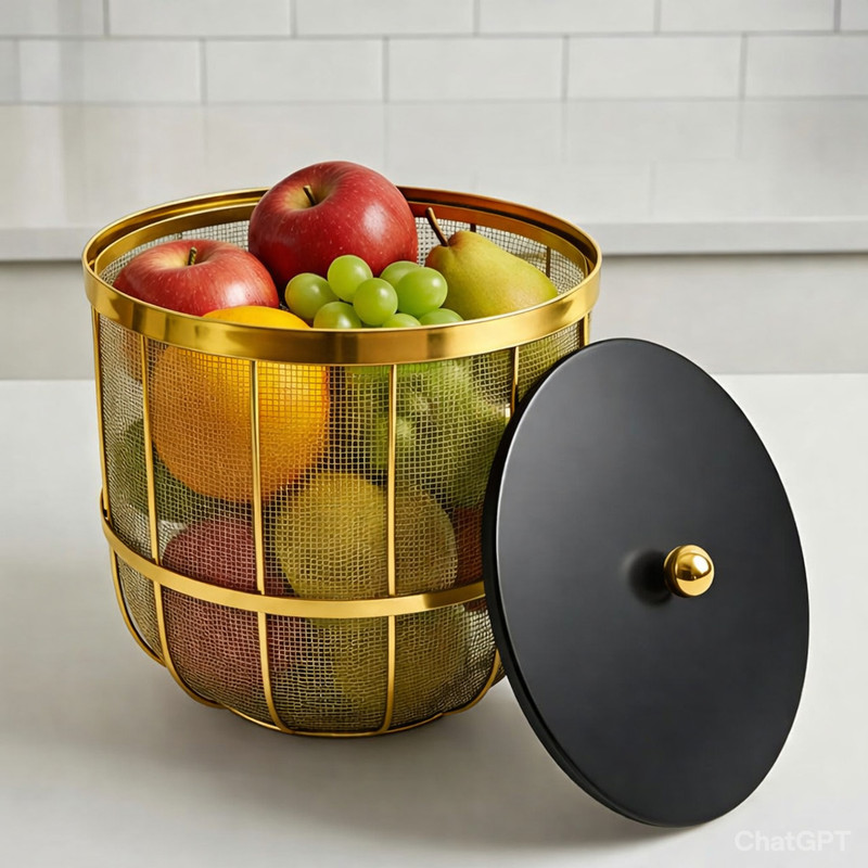 STCREATIONS STCREATIONS fruits & vegatable basket with lid (GOLD) iron Iron Fruit & Vegetable Basket(Gold)