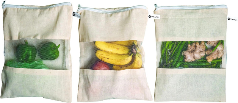 Wrapzy Pack of 6 Cotton Net Bag with Zipper Closure for Storage and Gift Packaging Cotton Fruit & Vegetable Basket(Brown)