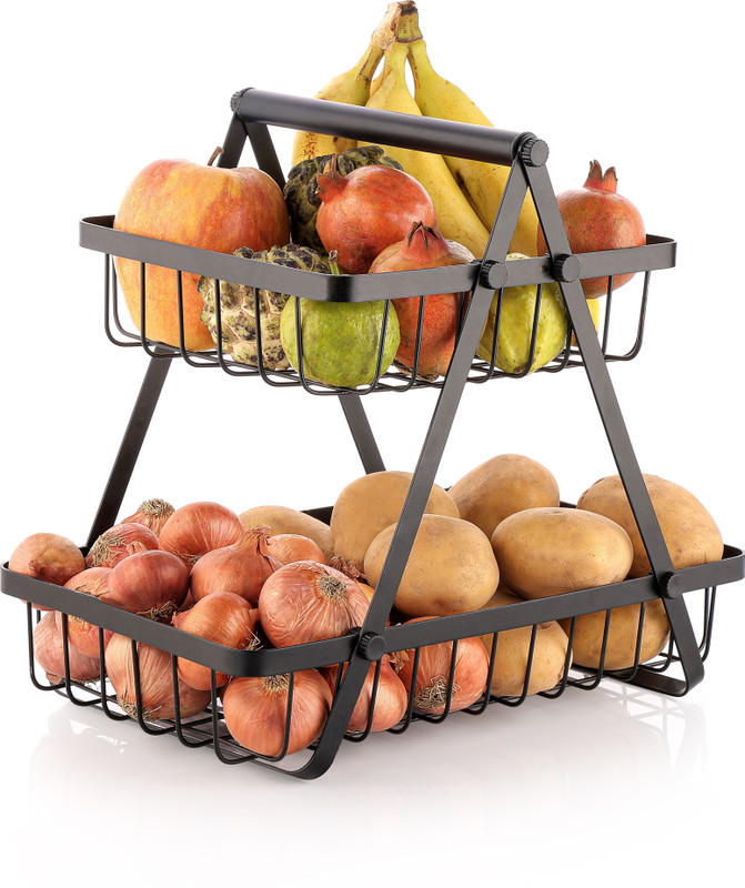 OMORTEX 2-Tier MultiPurpose Storage Basket - Keeps fruit & Vegetable Fresh & Accessible Iron Fruit & Vegetable Basket(Black)