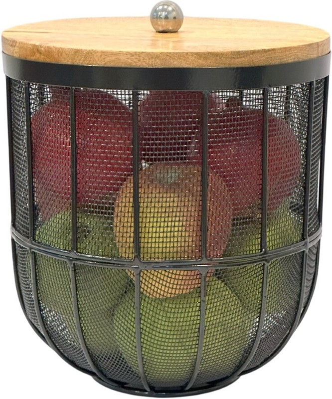 PRIME KRAFTS Modern Fruit Basket with Net and Natural Wooden Lid, Insect Resistant Stylish Iron Fruit & Vegetable Basket(Black)