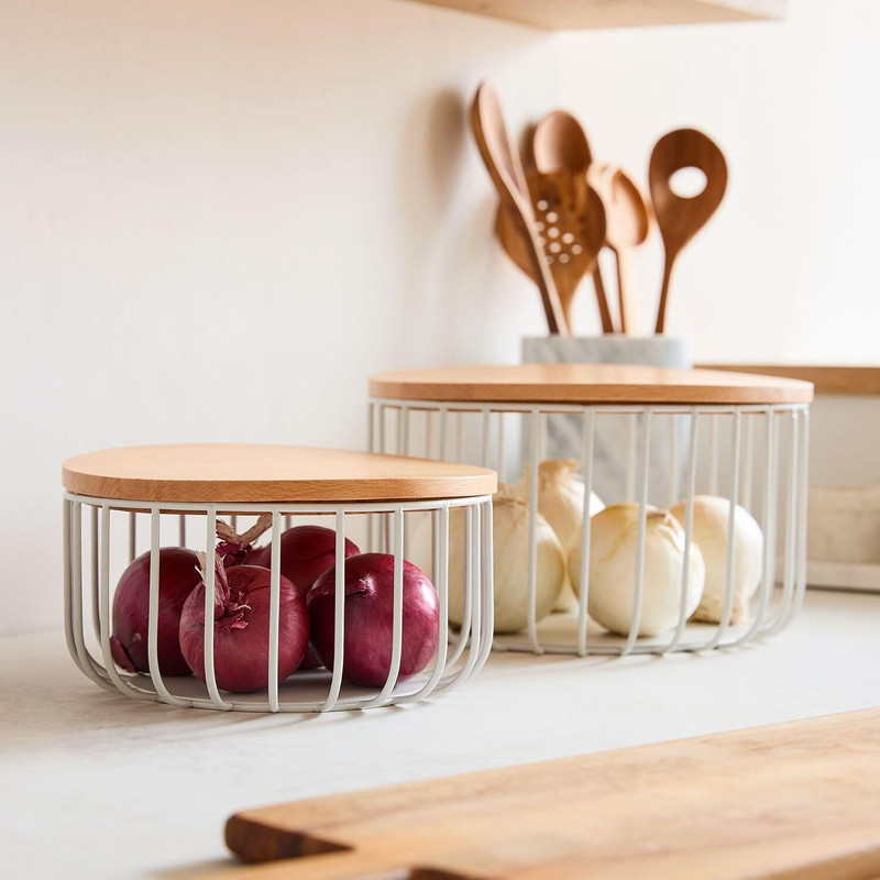 METSCAPE Nested Wire & Wood Baskets Trays - Set of 2| White 9.84 inch Lid, Pack of 2(Iron)