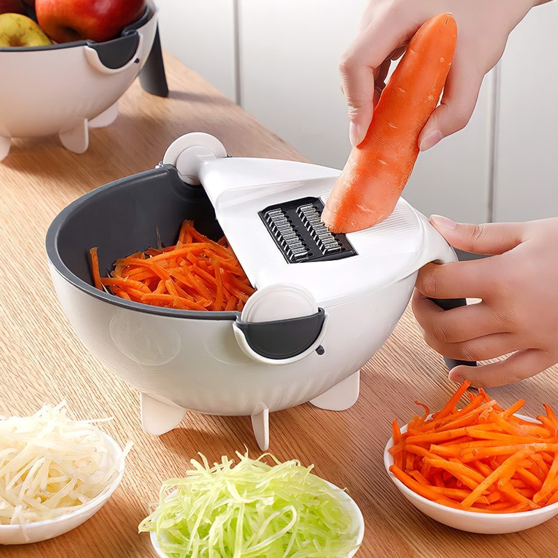 TINFLIX 9 in 1 Multifunctional Rotate Vegetable Cutter5 types of cutting attachmentS Plastic Fruit & Vegetable Basket(White, Grey)