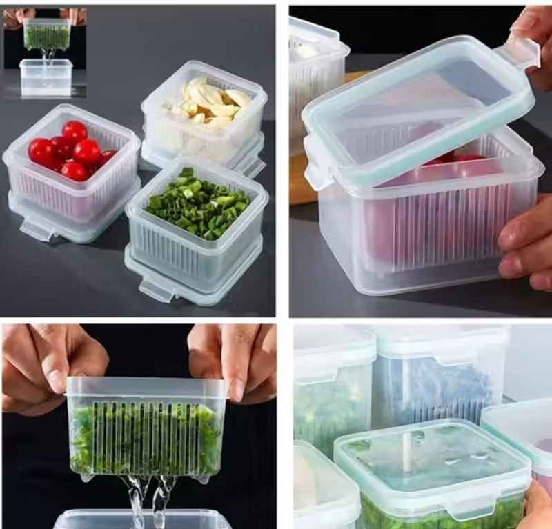 KHODALENT Fridge Storage Containers with Drain Basket Vegetables, Plastic Fruit & Vegetable Basket(Clear)