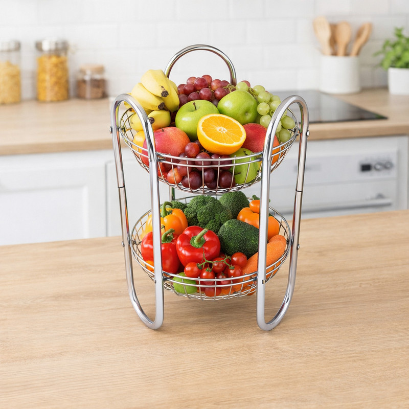 SM Enterprises Stainless Steel 2 Tier Fruit & Vegetable Basket Trolley for Kitchen Storage Stainless Steel Fruit & Vegetable Basket(Silver)
