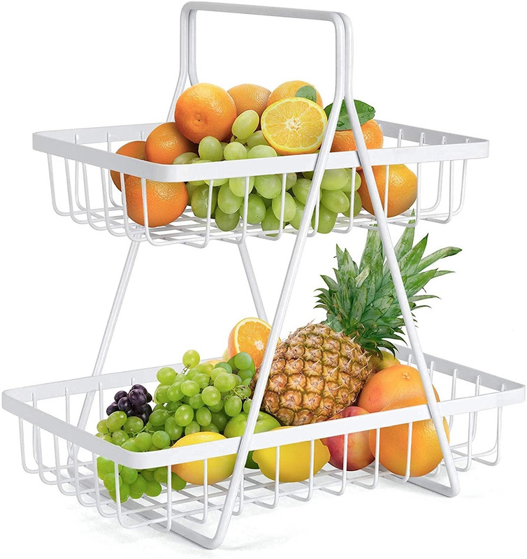 PRIME KRAFTS 2 Tier Fruit Vegetable Snacks Organizer for Kitchen Dining Table with Handle Iron Fruit & Vegetable Basket(White)