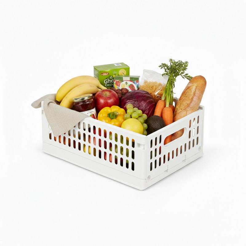Aditya Polymers Stack-It-All Foldable Plastic Basket - Stack & Slide Design-Light Grey-Set of 2 Plastic, Polypropylene Fruit & Vegetable Basket(Silver)