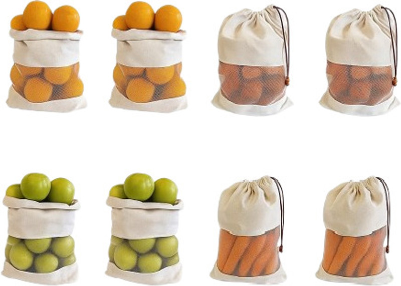 blendmix Cotton 8 Pcs Vegetable bag Kitchen Freez Storage Pouch for Washable Grocery Bag Cotton Fruit & Vegetable Basket(White)