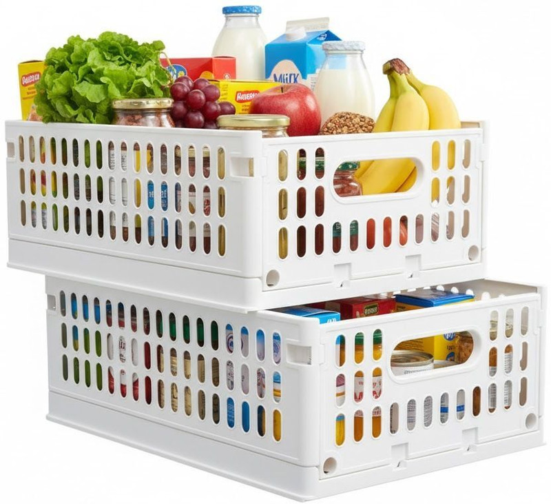 Aditya Polymers Stack-It-All Foldable Plastic Basket - Stack & Slide Design - White - Set of 2 Plastic, Polypropylene Fruit & Vegetable Basket(White)