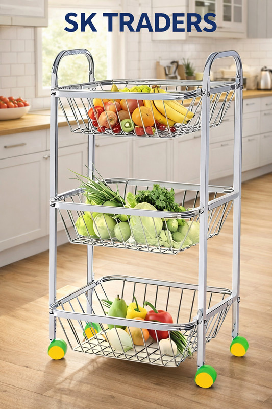SHRI KRISHNA TRADERS e SK Traders 3-Tier Stainless Steel Storage Rack. Stainless Steel Fruit & Vegetable Basket(Silver)