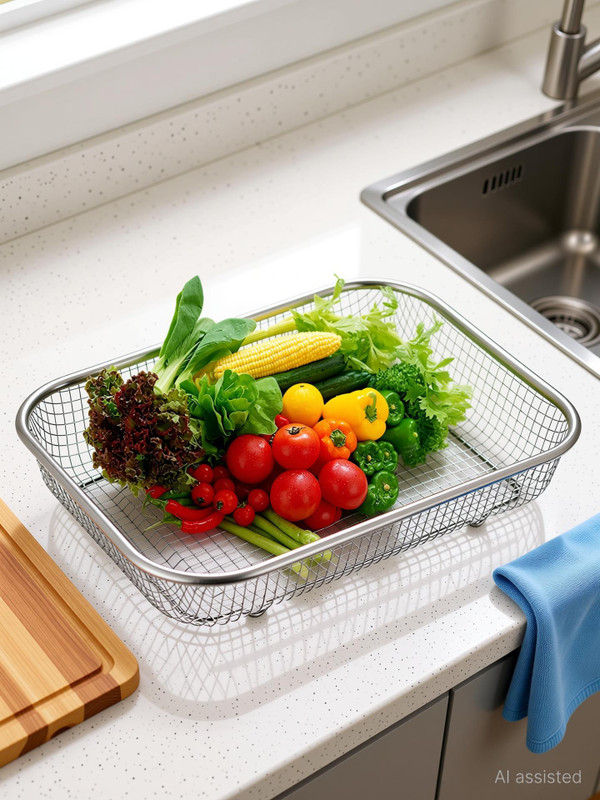 SwiftStyle Stainless Steel Kitchen Drain Basket Rectangle with Drip Tray and Spoon Holder Stainless Steel Fruit & Vegetable Basket(Steel)