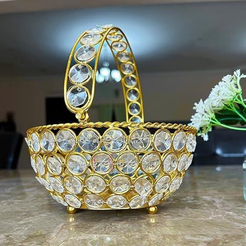 ZS Store Crystal Decorative Basket Table Decor for Pooja & Festive Glass, Iron Fruit & Vegetable Basket(Gold)