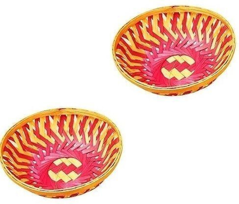 POOJA GHAR Handmade Colorful Round Shape Bamboo Basket for Wedding and Festival - 9 Inches Bamboo Fruit & Vegetable Basket(Multicolor)