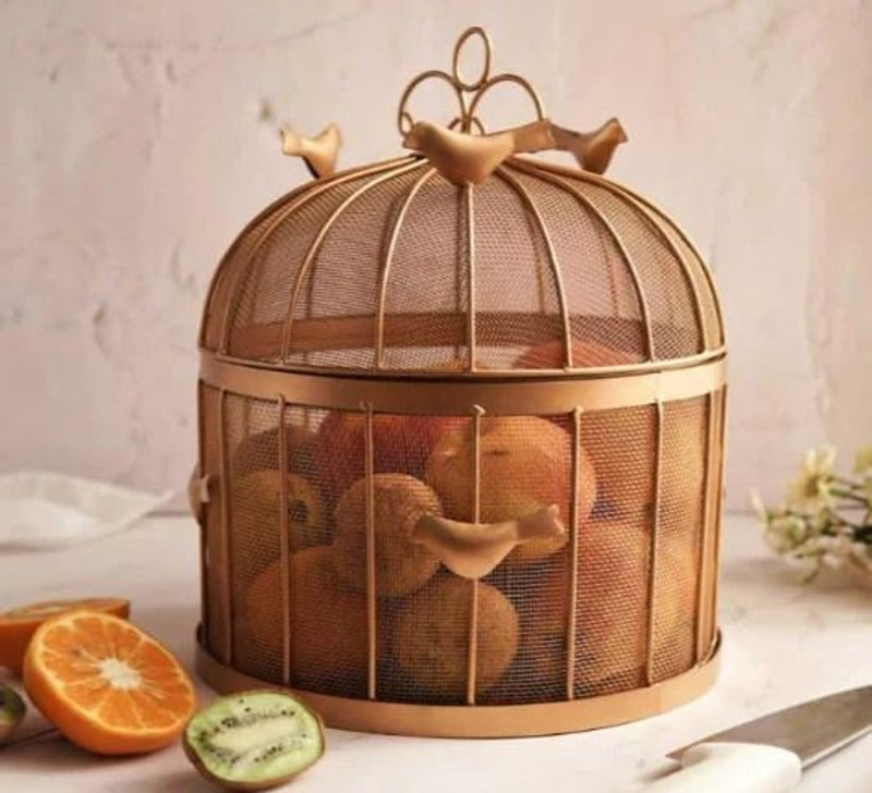 ZH TRADERS Fruit Basket With Lid Countertop Idealfor Storing Friuts , Vegetables ,Daily Use Iron Fruit & Vegetable Basket(Gold)