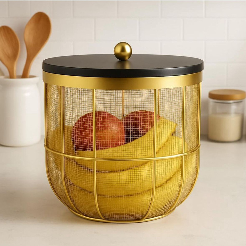 ZOJED Elegant Gold Mesh Fruit Basket with Lid – 24 cm Decorative Kitchen Storage Bowl Steel Fruit & Vegetable Basket(Gold)