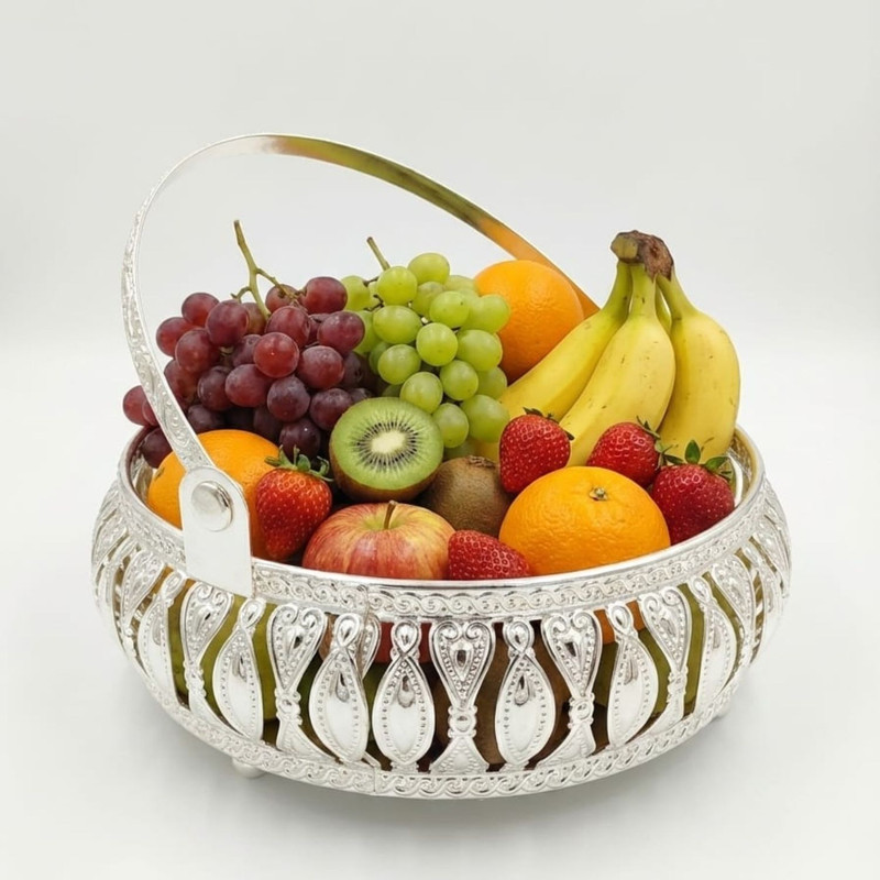 Foxen Collection Silver Decorative Basket 6 Inch for Dry Fruits Puja Flowers Jewellery Storage Steel Fruit & Vegetable Basket(Silver)