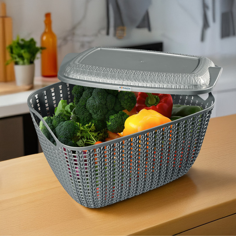 HOMESTIC M 30 Plastic Basket for Storage Vegetables and Fruits with Lid | Grey Plastic Fruit & Vegetable Basket(Grey)
