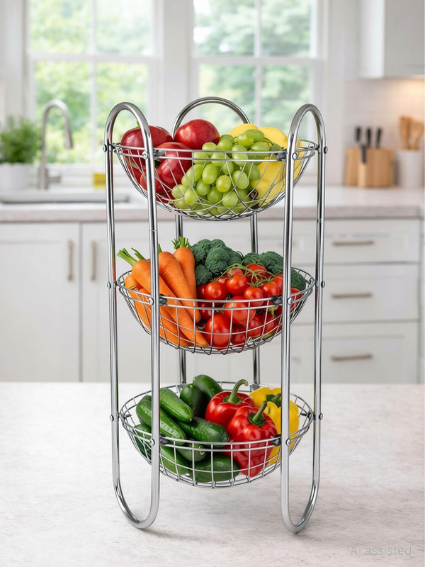 SM Enterprises 3-Tier Round Shape Rack Fruits & Vegetable Onion Trolley for Kitchen Stainless Steel Fruit & Vegetable Basket(Silver)