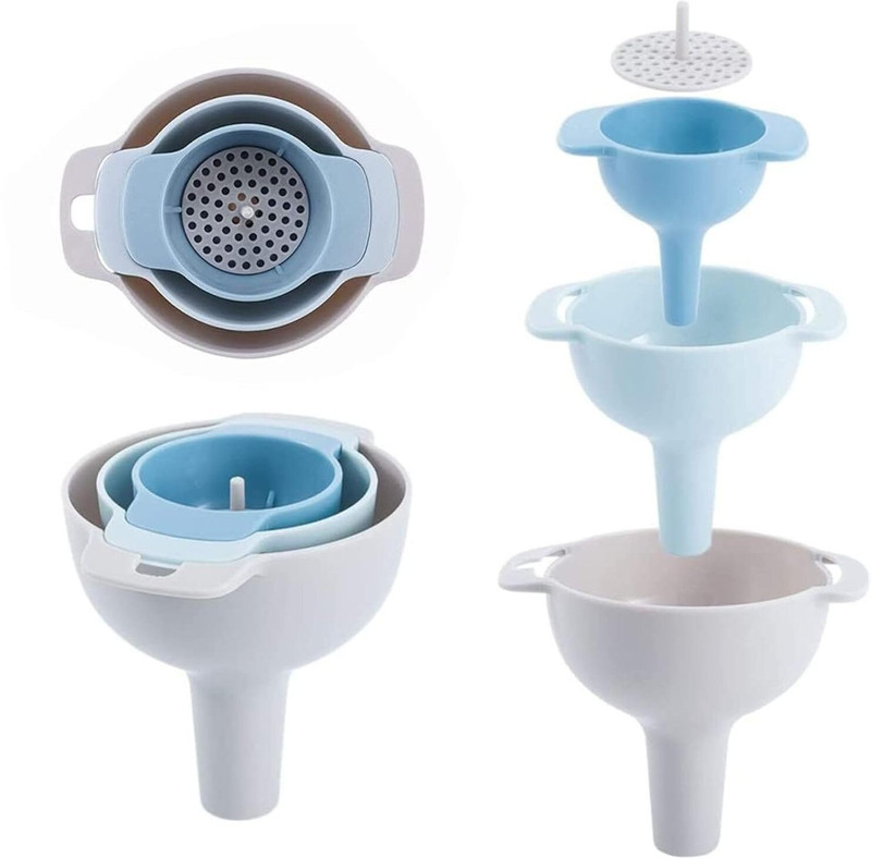 BEYTEQ Multi-Size Plastic Funnel Kit with Filters- Set of 4 Food-Grade Funnel Plastic Funnel(Blue, Pack of 3)