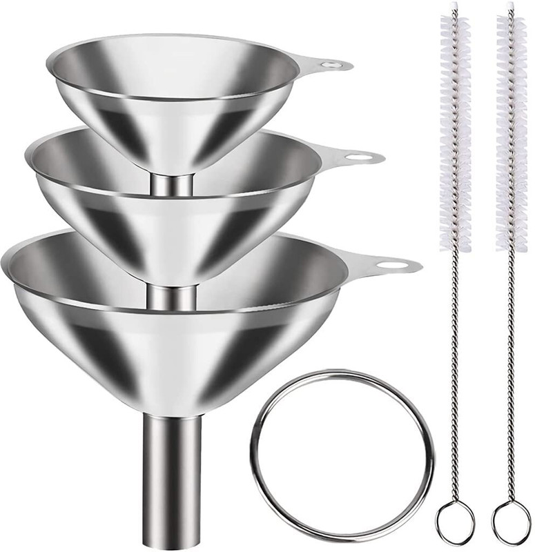 Leftdin 6 Pcs Stainless Steel Funnel Set Mini Kitchen Funnels with Cleaning Brush Stainless Steel Funnel Set(Silver, Pack of 6)