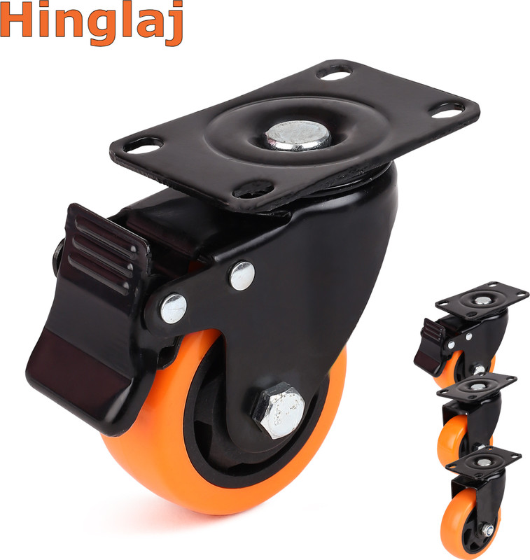 hinglaj HC 2" 50MM Orange Soft Rubber Swivel Caster Wheel (2 with Brakes & 2 Without) Braked Furniture Caster(Pack of4)