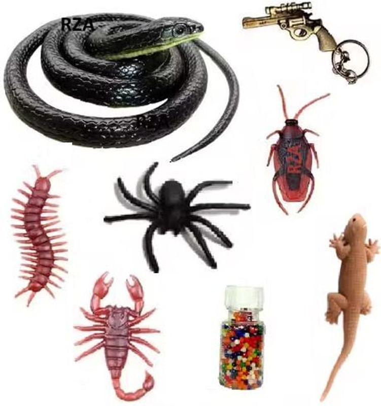 rza 2026 (Snake Pack of 8) 1 Lizard, 1 Cockroach ,1 Centipede, 1 Spider ,1 Scorpion ,1 Gun Key ,1 Water BuBBle ,1 Black Snake Rubber Prank Toy 20 inche Black Snake Gag Toy(Multicolor)