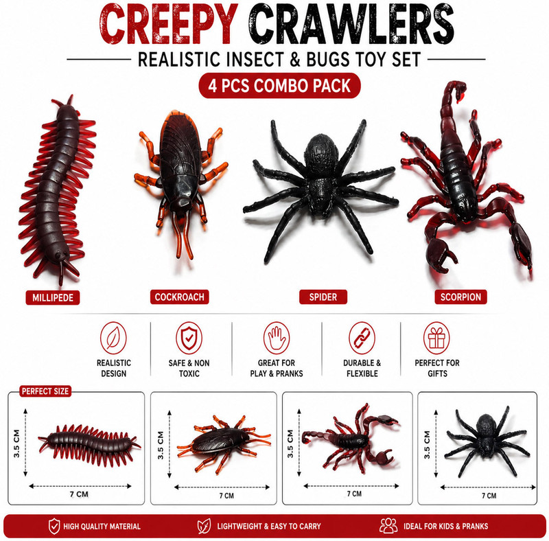 Tik C PT-4IN1-INSECT-SET-04 Prank / Novelty Toy, scorpion, cockroach, spider, centipede Gag Toy(Multicolor)