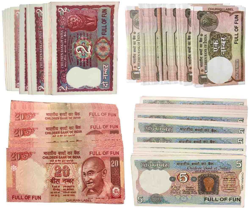 PTCMart Fake 100 each 1,2,5,20 Nakli Note Indian Currency for Fun Paper Kids churanwale gag toy Gag Toy