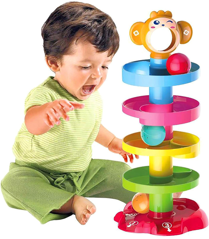 Manboc Rolling Ball Drop Tower Toy – 5-Layer Stack & Roll Ramp with 3 Rattle Balls Roll Ball Gag Toy