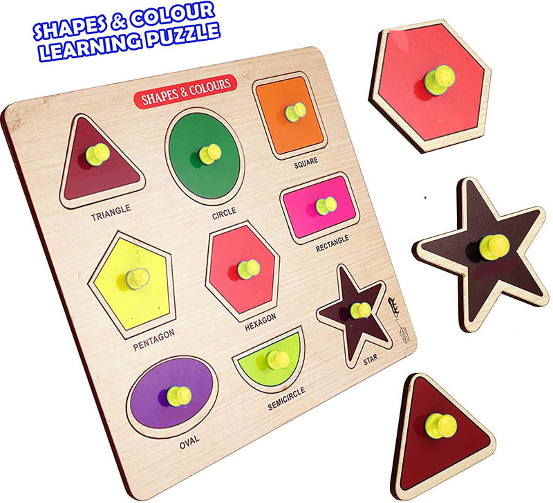 Plus Shine Wooden Shapes & Colors Puzzle Sorting Block Geometric Shape Puzzle Learning Toys Learning Board Learn Early Geometric Shapes Matching Puzzles and Cube shape toys Gag Toy(Beige, Multicolor)