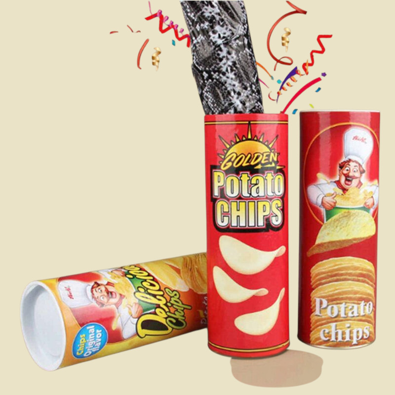 taka saki fake potato chips prank chips box snake in a can surprise joke funny toy Gag Toy(multy colour)