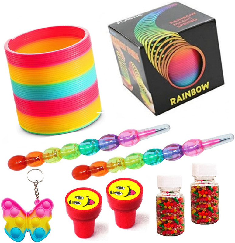 rza Rainbow Spring Combo-8Pc One Rainbow Spring Toy /2 Moti Pencil /2 Stamp /2 water balls/ 1 popet key chain for Kids Gag Toy(Brown)