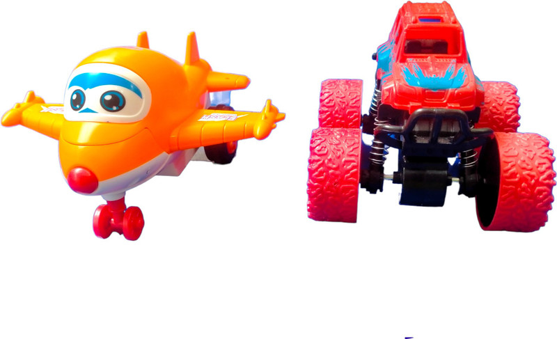 Caught Trendy Combo Of 2 360 Degree Rotation Monster Truck And Transforming Airplane Push &Go Monster Car And Robot Airplane Gag Toy(Multicolor)