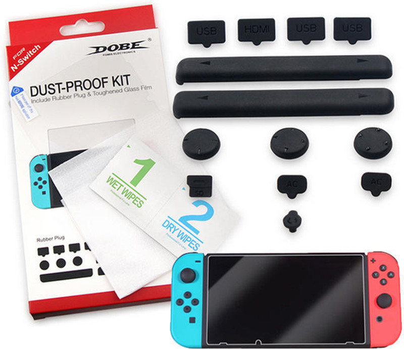 HG WORLD Dobe TNS862 DustProof Kit with Silicone Rubber Plug and Tempered Glass Protector  Gaming Accessory Kit(Black, For Nintendo Switch)