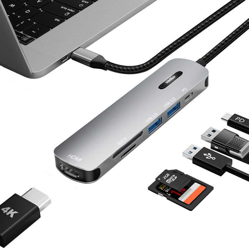 Verilux USB C HUB 6 in 1 TYPE C to HDMI Adapter TYPE C Hub Support 4K@30Hz Hdmi, USB 2.0 Gaming Adapter(Silver, For PC, Mac OS)