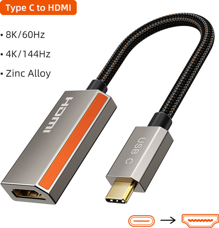 CABLETIME 8K 60Hz USB C to HDMI 2.1 Adapter for MacBook PC Gaming Adapter(Grey, Geometric Design With Orange Strip, For PC)