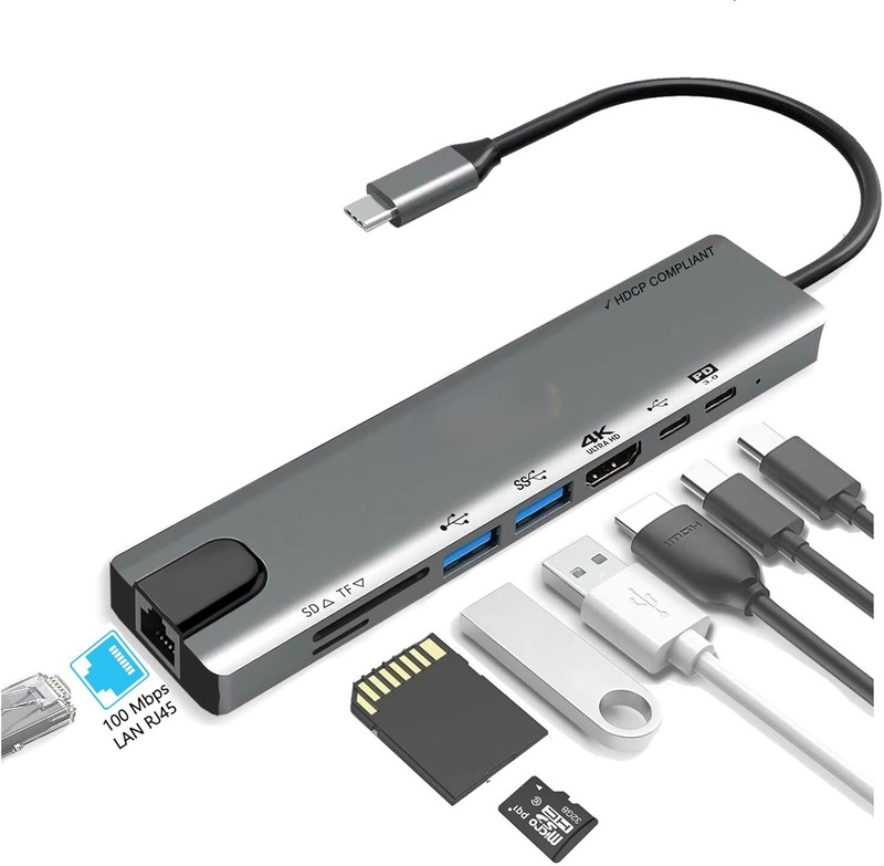 OG X NEXSA 8 in 1 USB Aluminum Type C Adapter with 4K HDMI Port Type-C Hub (8-in-1), USB Hubs & Docks, For Mac & Windows,4K HDMI, 2 USB 3.0, 2 USB-C ports Fast Charging, SD/TF Card Reader,RJ45 Ethernet(Grey)