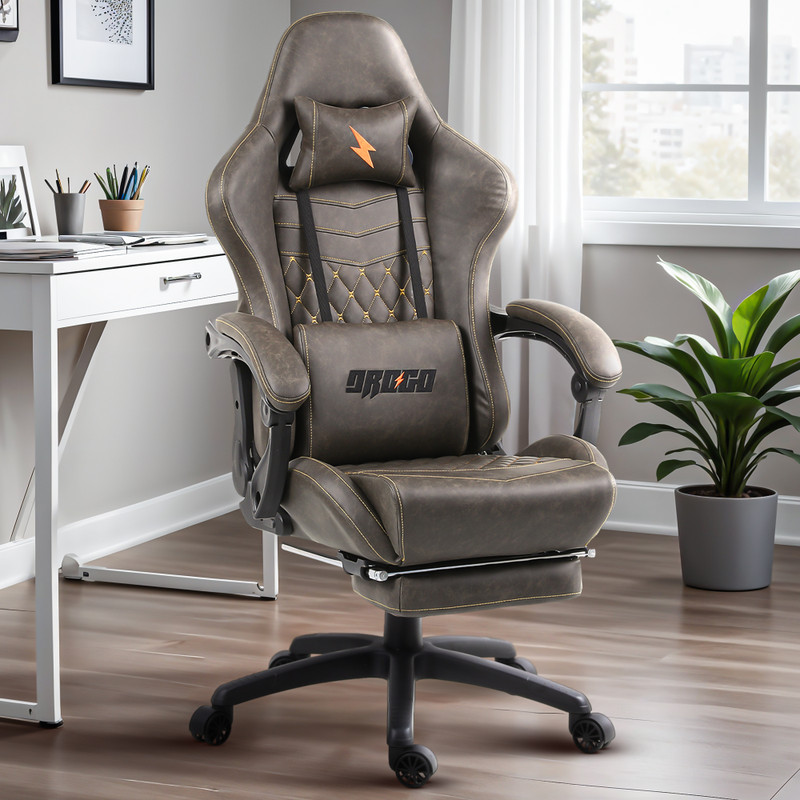 Drogo Multi-Purpose Ergonomic Gaming Chair with Head & USB Massager Pillow, PU Leather Gaming Chair(Grey)