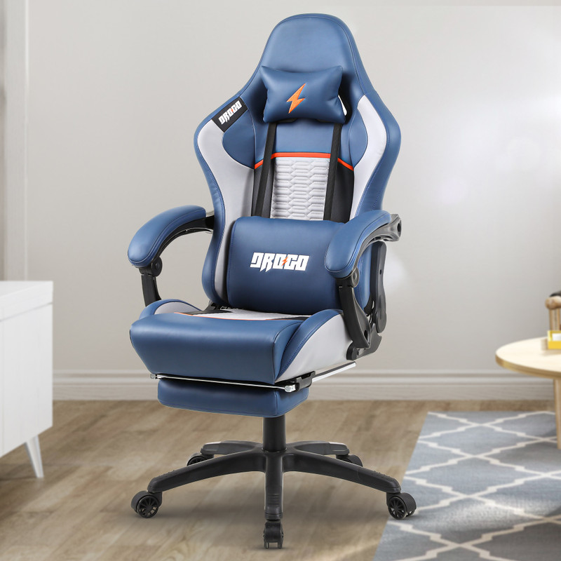 Drogo Ergonomic Gaming Chair with PU Leather Lumbar,Full Reclining Back Footrest Gaming Chair(Blue)