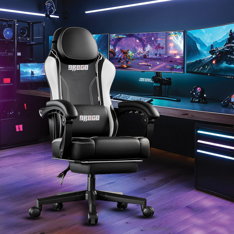Drogo Home Office Computer Chair with PU Leather, Linkage ArmRest, Footrest, Ergonomic Gaming Chair(Black, White)