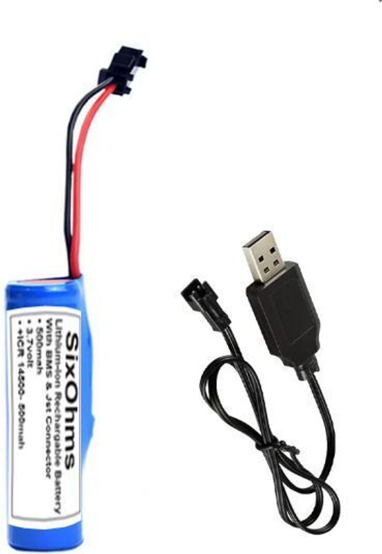 SixOhms 3.7V 500mAh 14500 Li-ion Battery with SM-2P USB Charger Cable for RC Toys Game Battery(Yes)