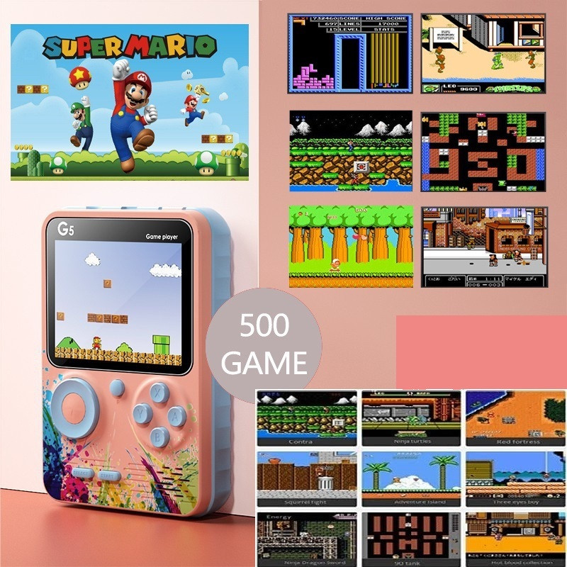 Like Star G5 500 In 1 Colorful Handheld Mini Retro Game Box Also Connect With TV Option with Super Mario Like (Bros/Brose3/6/9/10/14)Super Contra Like(2/6/7) Total 500 Games(Pink Blue)