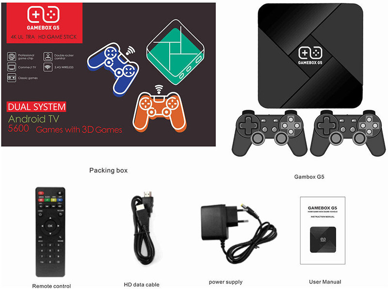 PTCMart Gamebox Hd 4K G5 Video Console Retro Games With Tv Android Wireless Controller 64 GB with CPS FC GB GBA GBC MD SFC N64 PS1 ATARI, 30,000+ built-in games(Black)