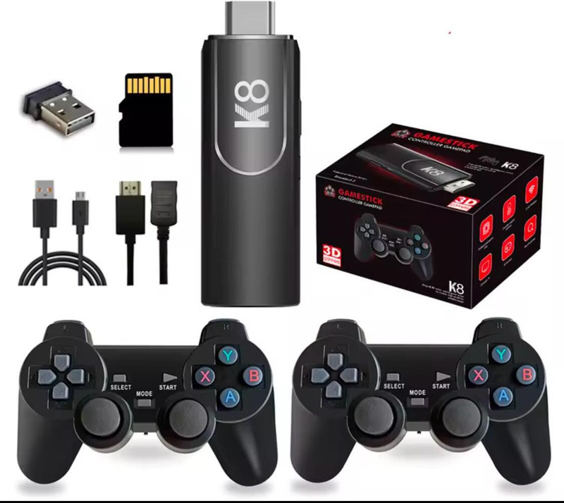 Playtastic K8 Game Stick 40000+ Inbuilt Games 64 GB with Retro Classic 3D video game console with, 2 Wireless Controllers(Black)