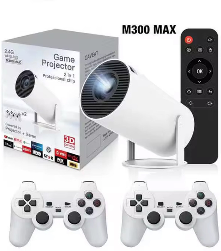 Playtastic M300 Max Retro Video Game Console 64 GB with Android 11 System Mini Portable Intelligent Projector, 2 Wireless Controllers(White)