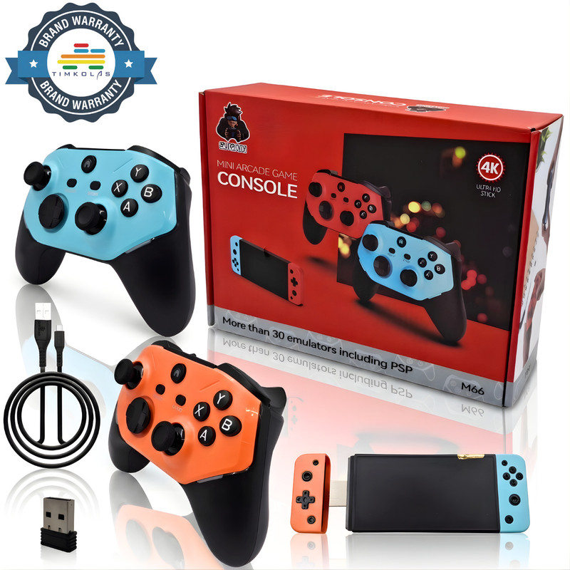 Timkolas 4K HD Game Stick Mini Arcade Console with 30,000+ Games&2 Wireless Controllers_6 64 GB with 1-: Classic platformers. 2 -: Fighting games 4 :- Racing and shooting games.(Multicolor, Timkolas M66 mini arcade console comes with 2 wireless controllers.)