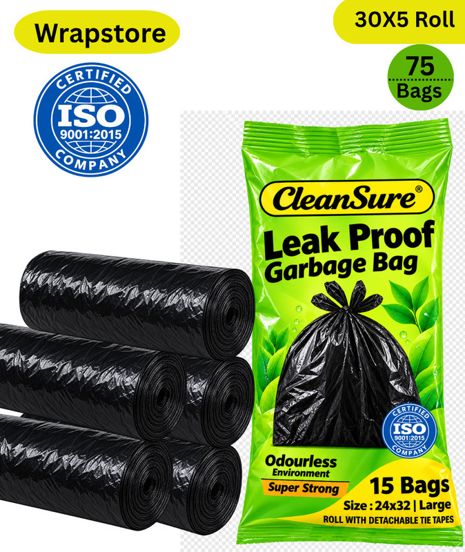 WRAPSTORE Mint Premium Garbage Bags 24*32 | 75 Bags | Leak Proof,Thick & Strong | 30 L | Large 30 L Garbage Bag  Pack Of 75(75Bag )