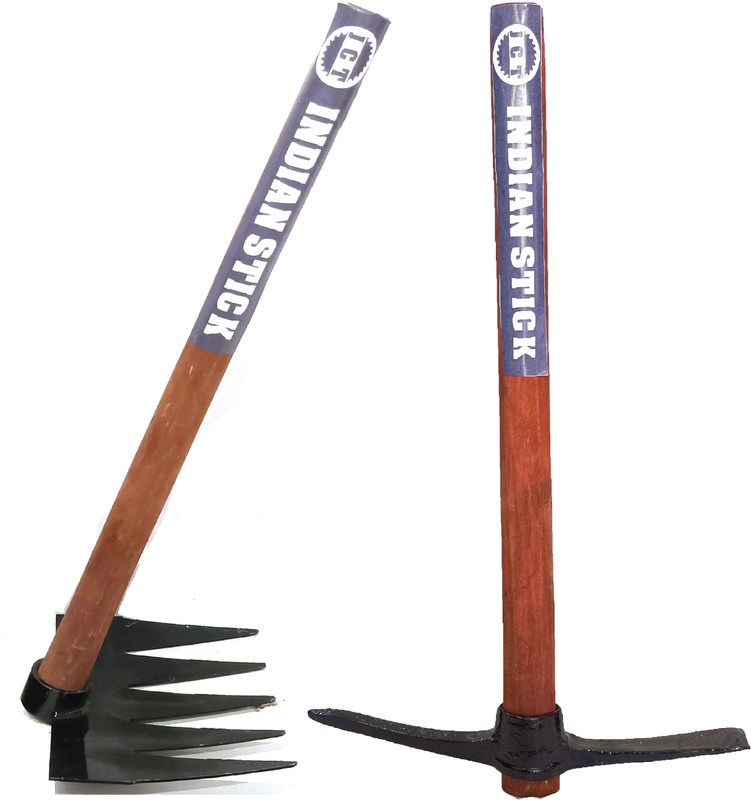 JCT AGRICO IRON RAKE AND HEAVY SPADE(TRIKAM/KUDAAL) WITH WOODEN HANDLES(70,70CM) Garden Tool Kit(2 Tools)