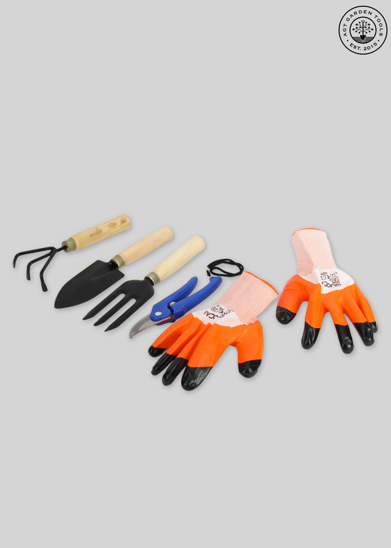 GROWTOP 3PCS Wooden Handle Cultivator Free Rubber Hand Gloves Garden Tool Kit Garden Tool Kit(5 Tools)