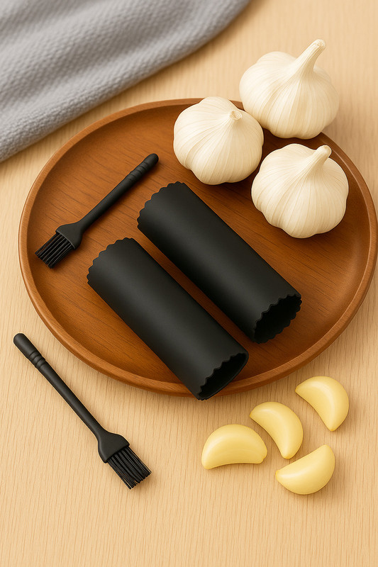 Top Chef Premium Garlic Peeler with Brush (2 Sets) | Silicone Garlic Roller Tube Garlic Press(Black)