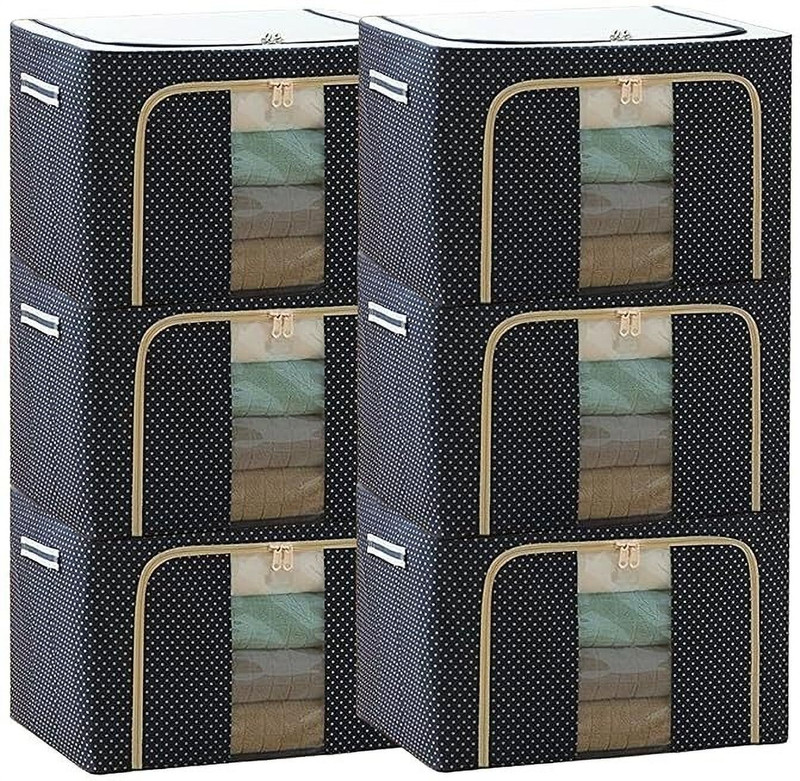 HJLSE Store Non-Woven Clothes Organizer For Wardrobe 66 Liter Large Storage Box Foldable Steel Frame Cloth Box With Zipper, Clear Window & Handle(Pack Of 6)